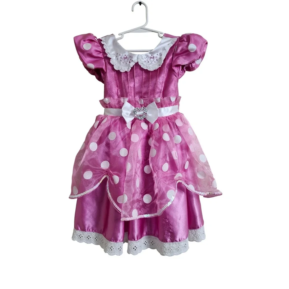 Disney Minnie Mouse Pink Polka Dot Costume Dress Size 4 Rhinestone Bow‎ Lace